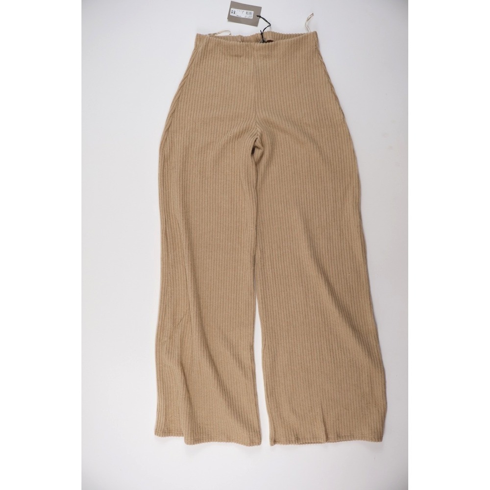 NA-KD Pants Ribbed Wide Leg Trousers Beige Solid Medium NWT